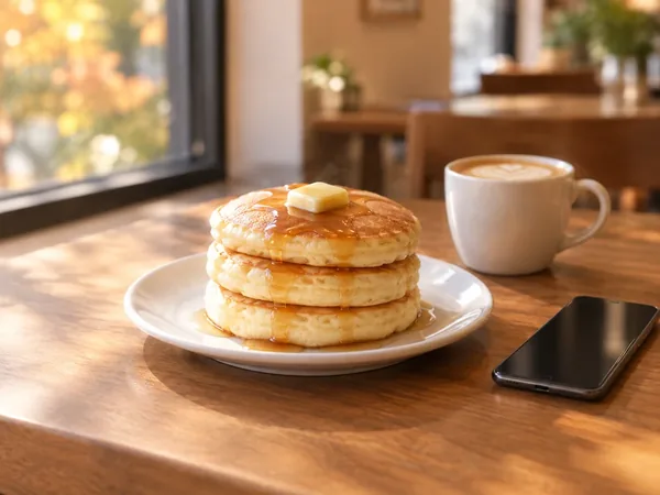 カフェのテーブルのパンケーキとスマホ