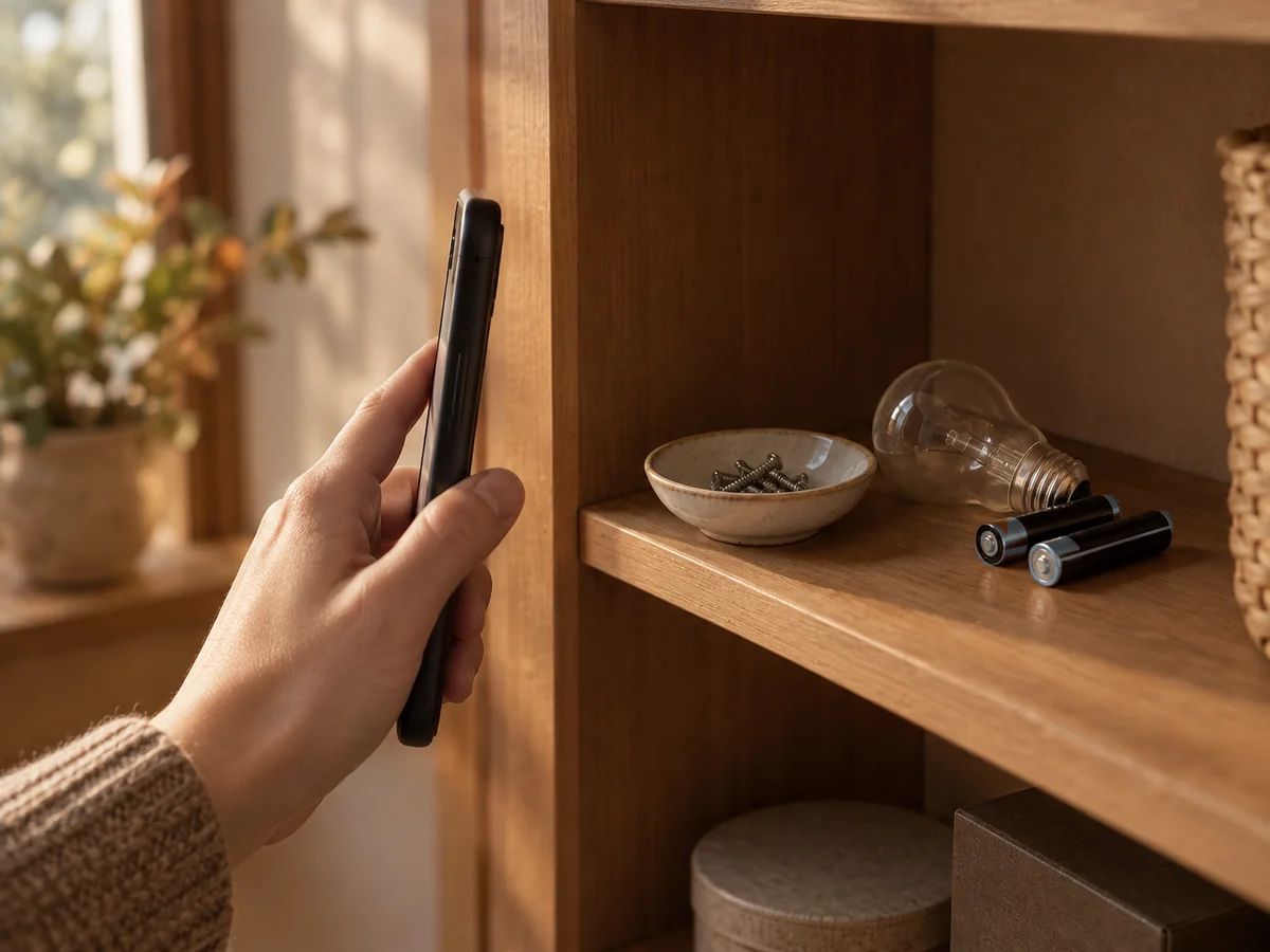 棚の小さな部品(ねじ・電球・電池)をスマホで撮ろうとしている手元