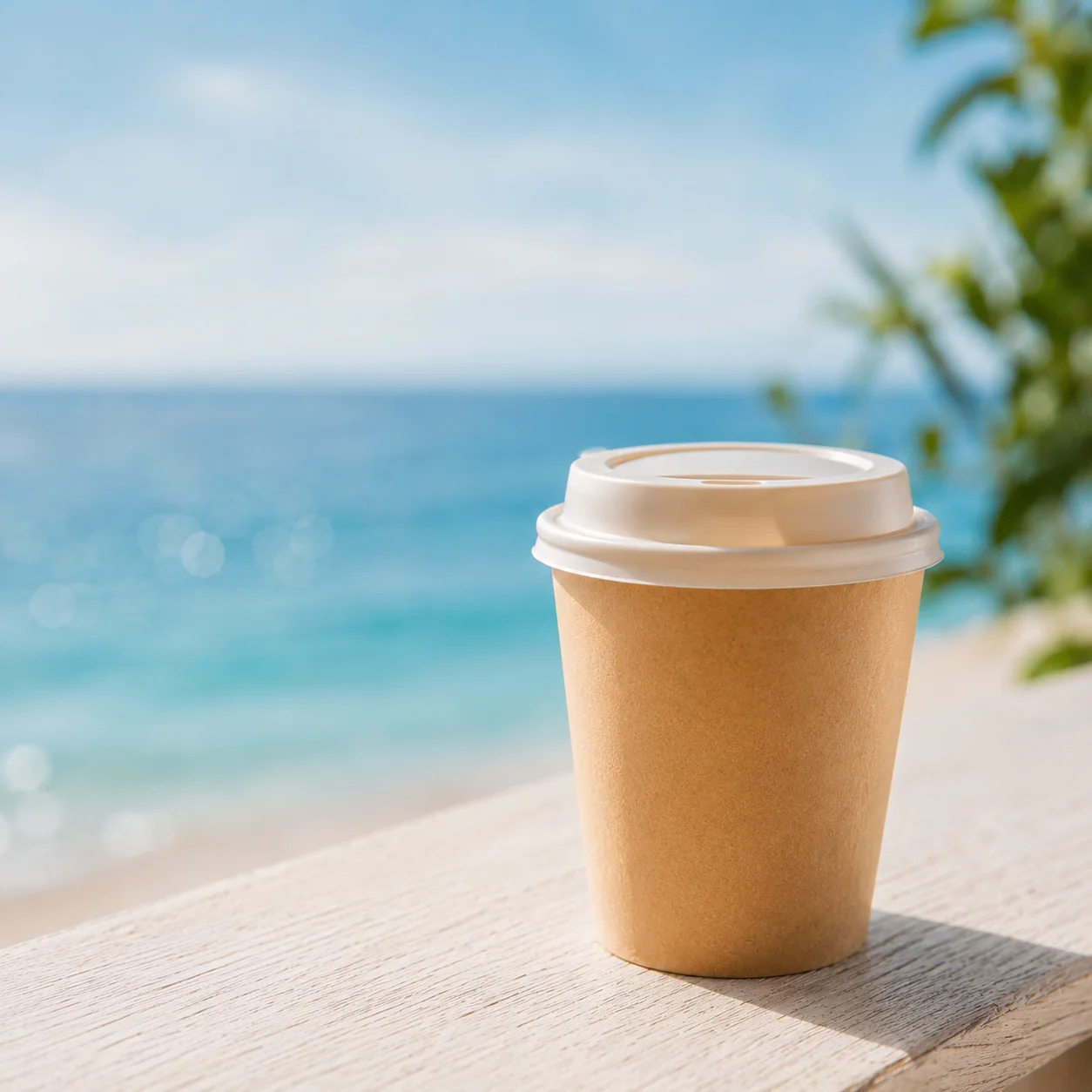 海を背景にしたクラフトカップのテイクアウトコーヒー（サンプル用イメージ）