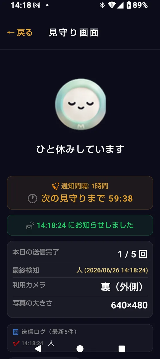 検知後にお知らせを送信したログ画面